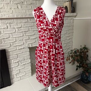 George Red White Geometric Polka Dot Faux Wrap Sleeveless Dress Size L Large
